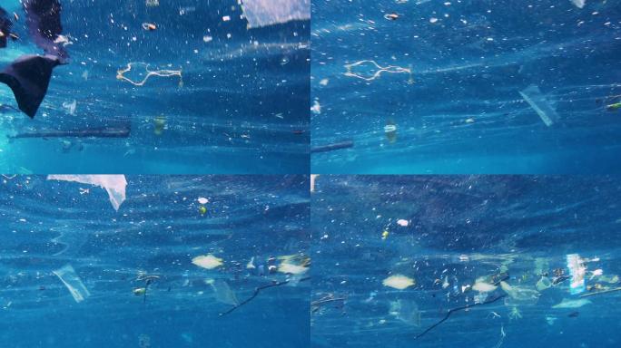 鱼在海洋垃圾中游泳塑料片