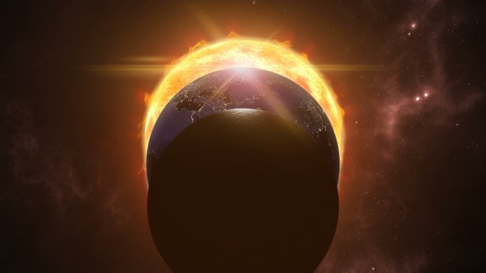 动画太阳、月亮和地球。宇宙景象中的日食。