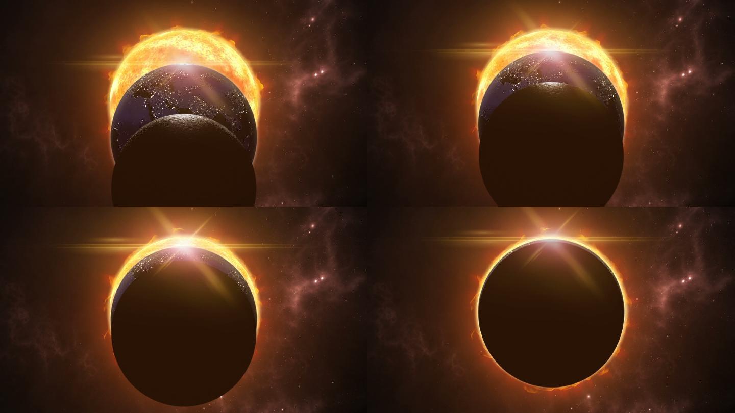 动画太阳、月亮和地球。宇宙景象中的日食。