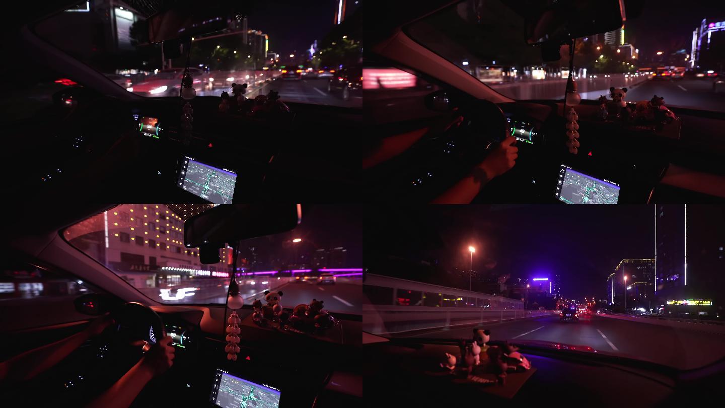 4K夜晚司机驾驶汽车空镜