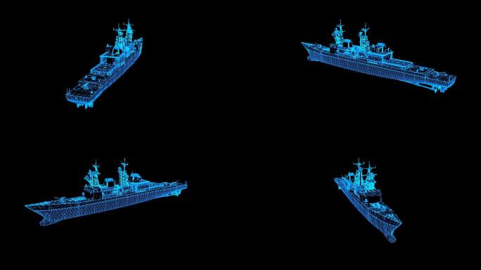 【原创】蓝色线框全息科技驱逐舰动画带通道