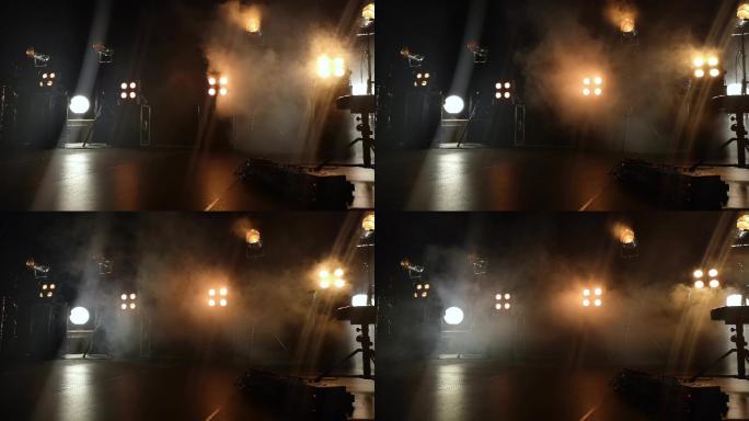 音乐会舞台的特写视频和舞台上的照明设备。