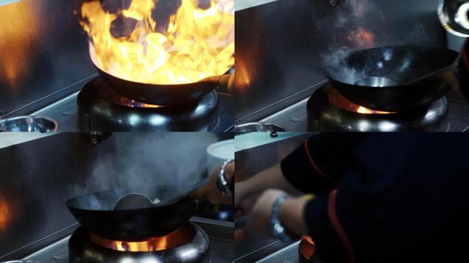 厨师用明火烹饪中国菜