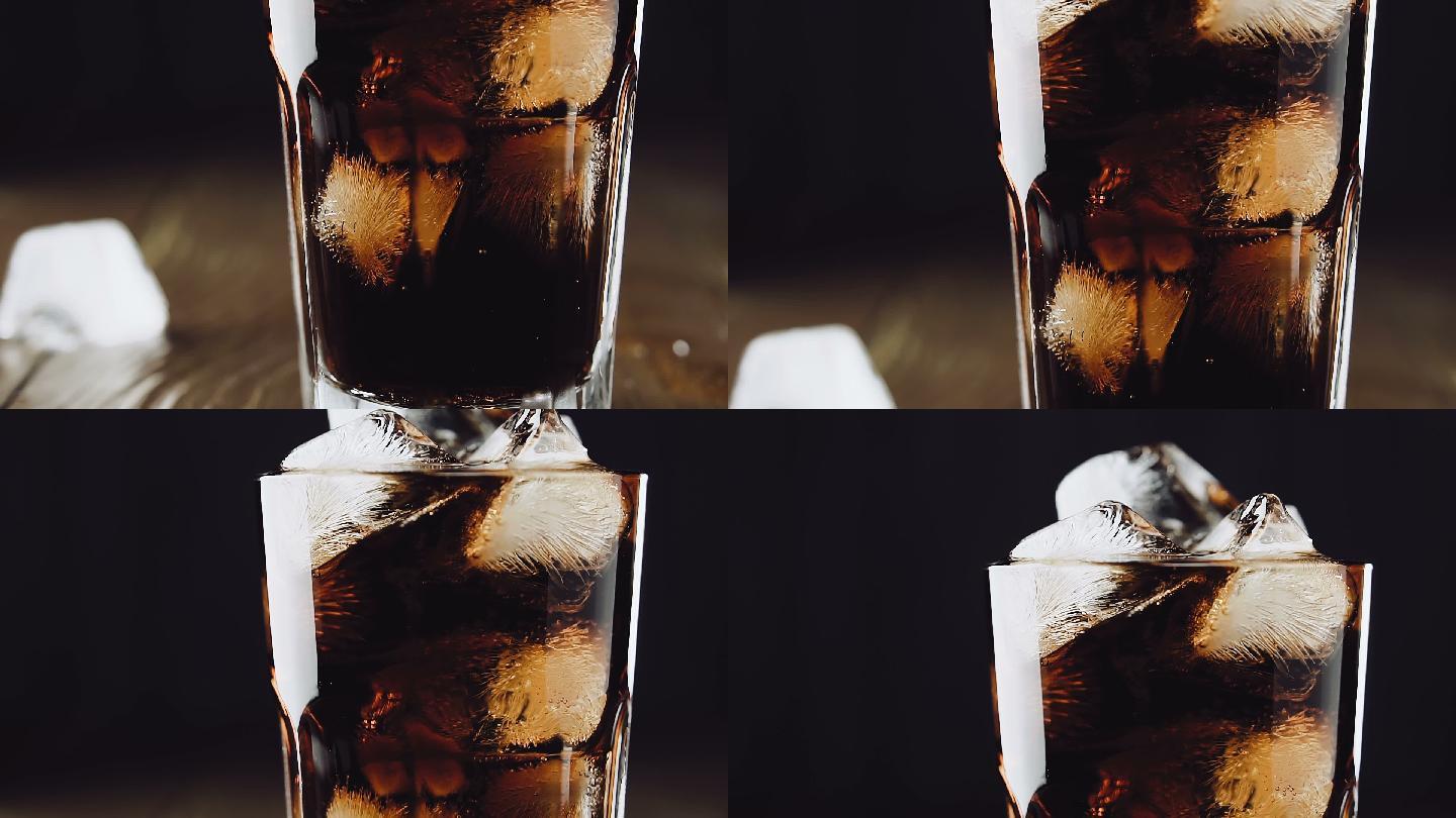可乐加冰块，慢镜头。