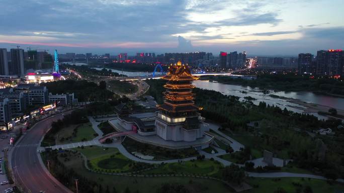 临沂城市书圣阁夜景航拍