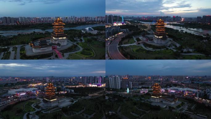 临沂城市书圣阁夜景航拍