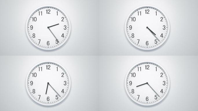 白色墙上的现代时钟的时间点。