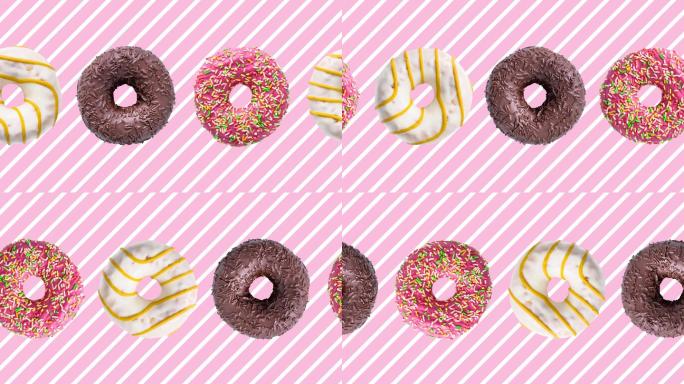 粉白色条纹背景上的彩色动画甜甜圈