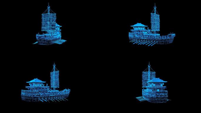 蓝色全息科技线框古代大型战船动画带通道
