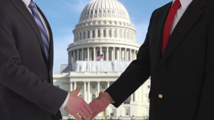 政客们在美国国会大厦前握手