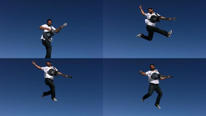 男子弹着电吉他跳入天空，动作缓慢