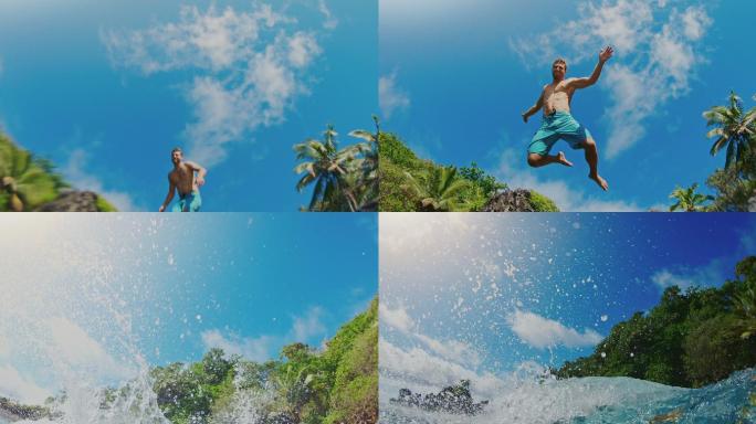 一个年轻人跳入蓝色水域的动作镜头