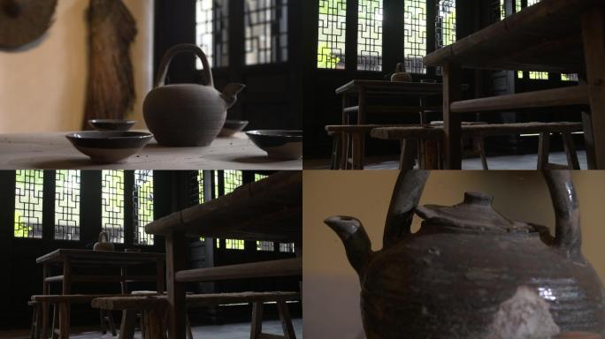 鄂豫皖革命根据地旧址室内水壶瓷碗桌椅