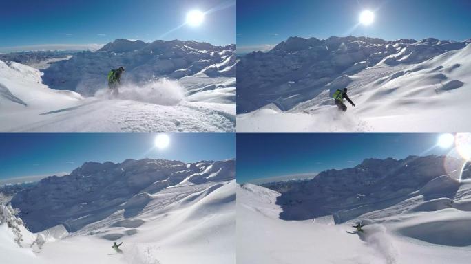 快乐的滑雪爱好者在雪山滑雪道上玩得很开心