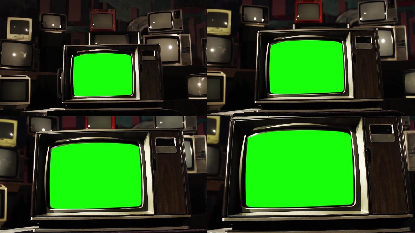绿色屏幕的老式电视。
