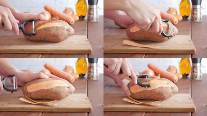在木板上剥红薯皮视频素材剥皮刀具厨房红薯