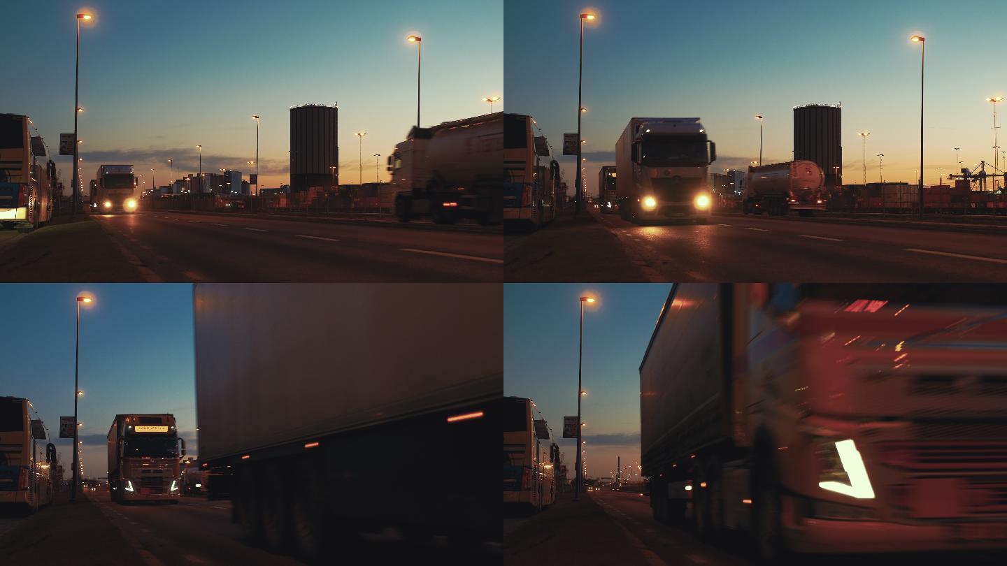 黄昏时分的车流道路交通卡车运输