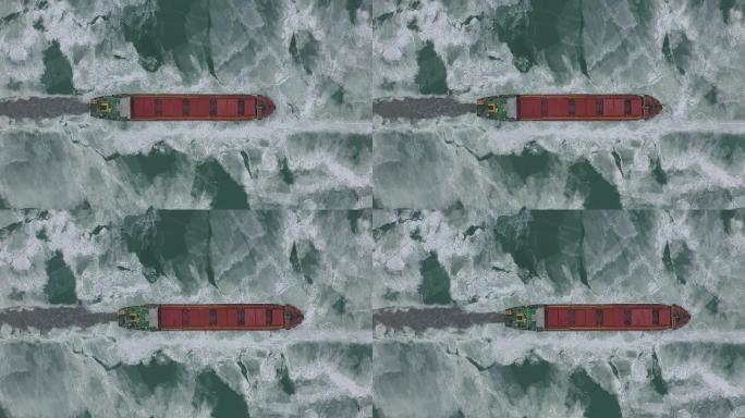 在破冰船制造的狭窄航道中航行。