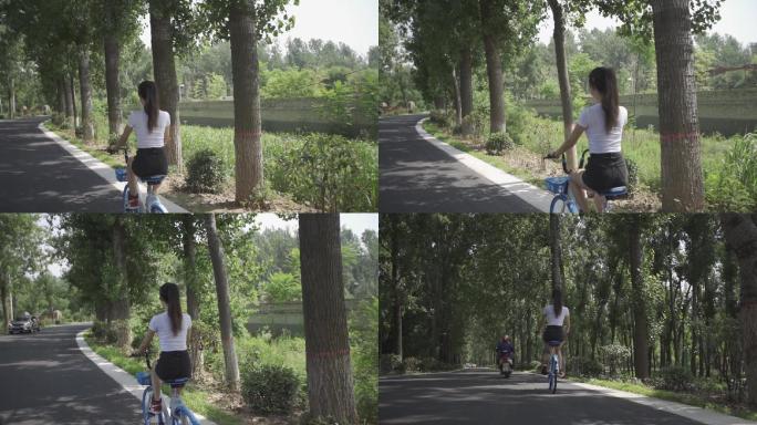 在风景优美的小路上 美女骑行共享单车