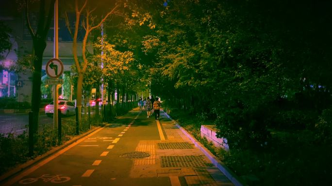 4k-昏黄路灯城市夏夜街头散步