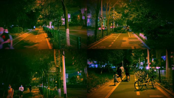 4k-昏黄路灯城市夏夜街头散步