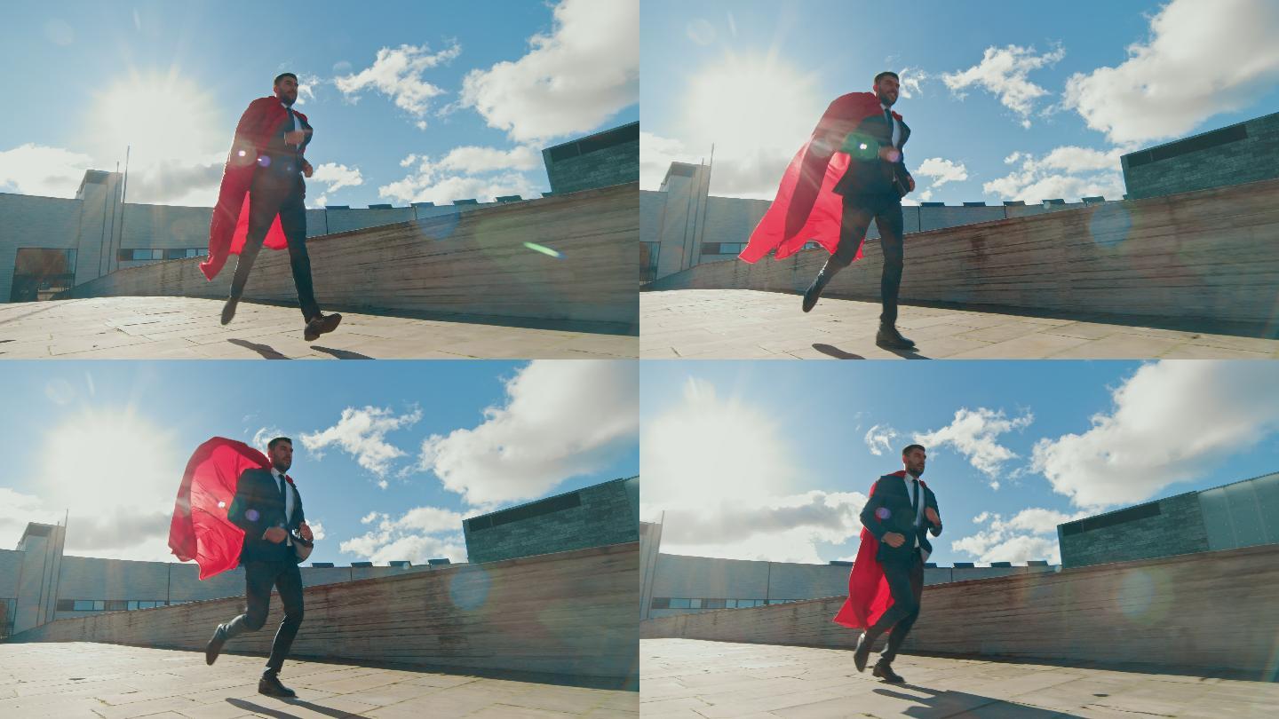 超人披着红色披风在摩天大楼的屋顶上奔跑