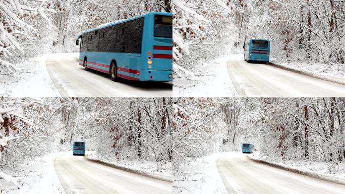 公共汽车沿着雪路穿过森林。