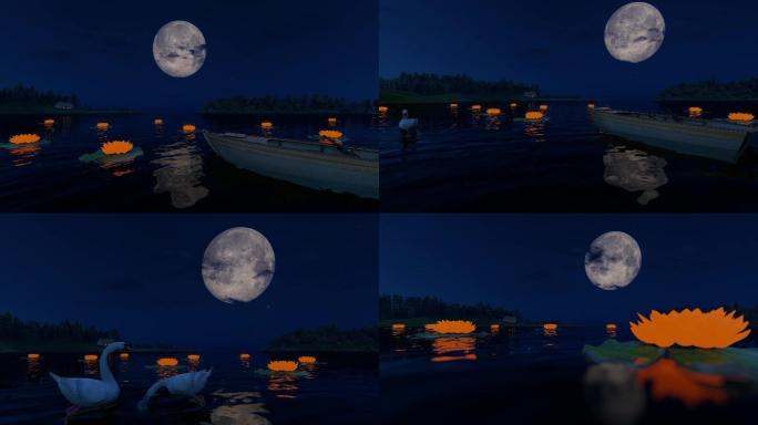 户外公园夜晚月亮水面河灯