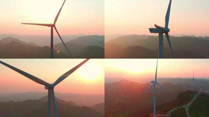 4K 航拍夕阳下的风力发电风车
