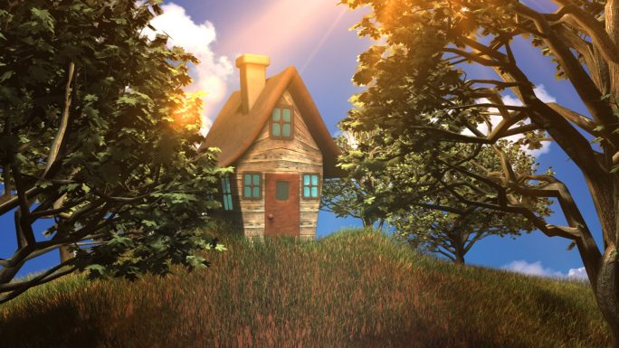 森林中的童话屋树林穿梭穿过树林木屋