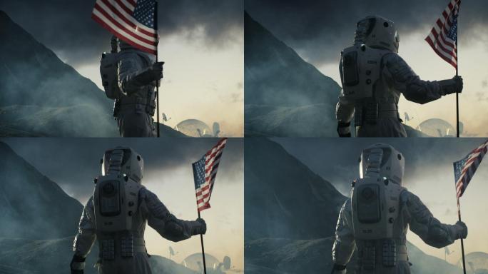 宇航员在黑暗的外星行星上举着美国国旗行走。