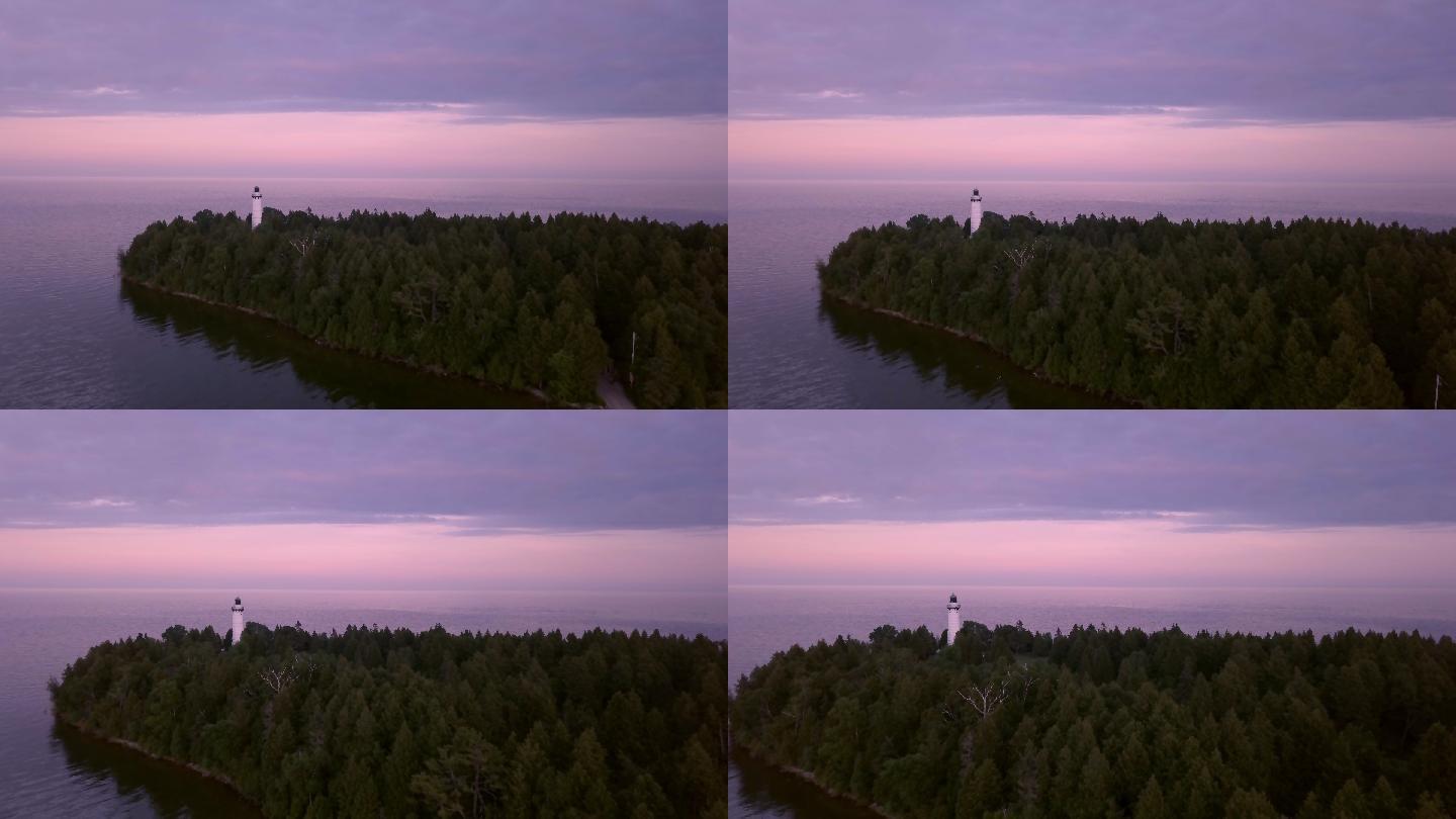 黄昏时密歇根湖的灯塔航拍