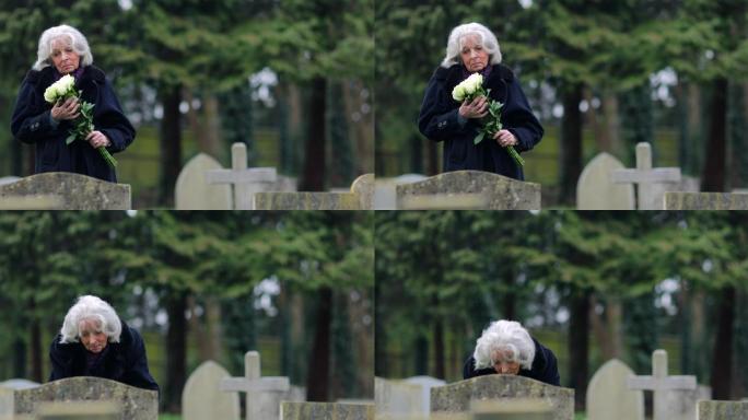 拿着鲜花站在墓碑前的老人