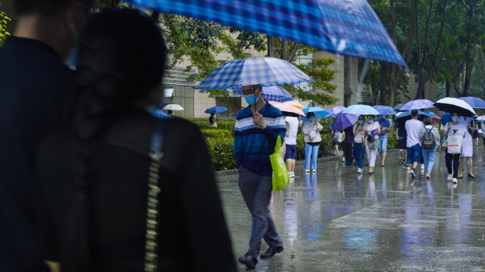 4k下雨天华西医院打伞的人群4k