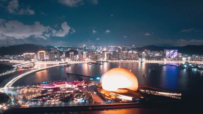 「4k有版权」航拍广东珠海日月贝夜景延时