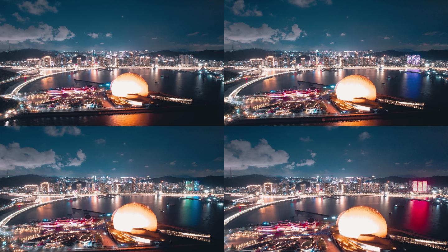 「4k有版权」航拍广东珠海日月贝夜景延时