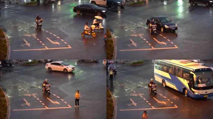 下雨敬业坚守岗位的交警