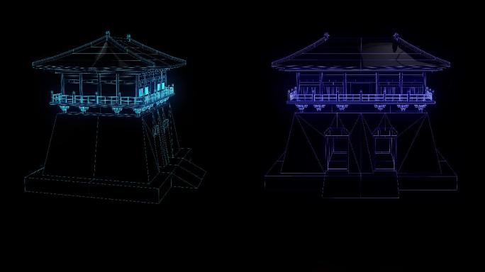 双门洞门楼3d线框全息投影