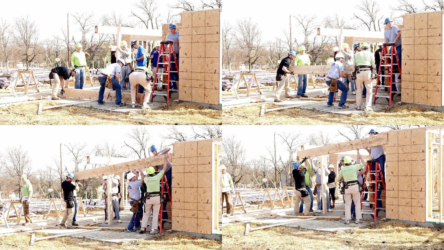 一组工人为慈善之家铺设横梁。