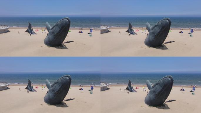 烟台航拍 金沙滩 鲸鱼雕塑