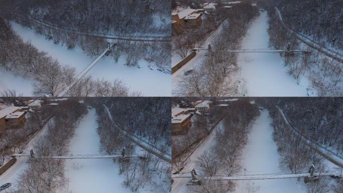 冰雪覆盖的冬季村庄鸟瞰图