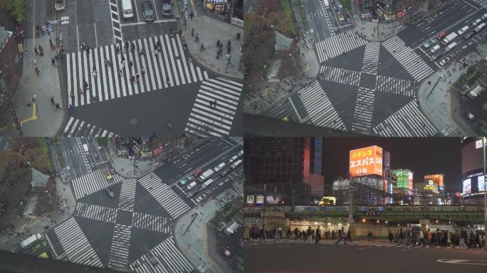 东京涩谷十字路口马路斑马线车流忙碌的白领