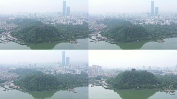 镇江北固山甘露寺航拍树木河流建筑远景