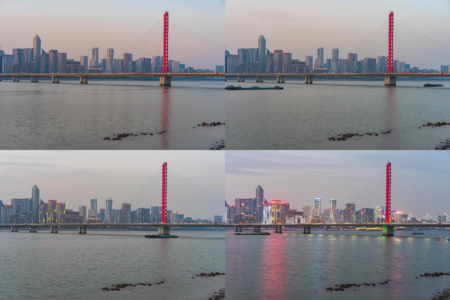 杭州钱塘江西兴大桥背景钱江新城延时拍摄