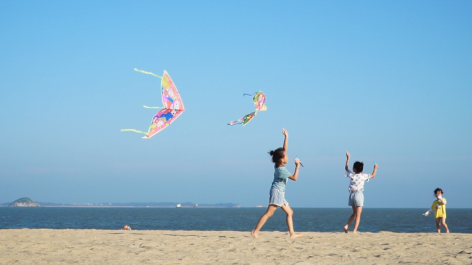 儿童在海边放风筝【原创可商用】