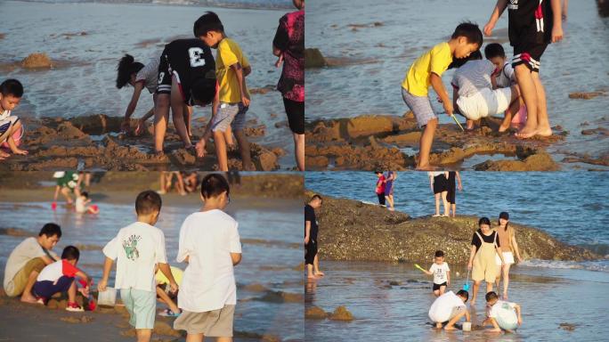儿童在海边玩沙