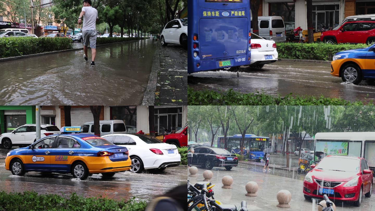 城市雨中行人及行车