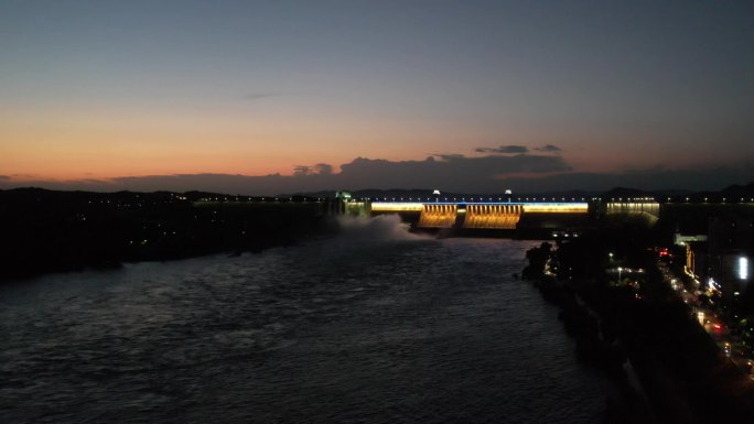 夜景航拍丹江口大坝南水北调晚霞汉江