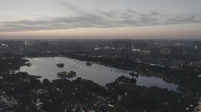 济南大明湖风景夕阳顺河高架航拍4k