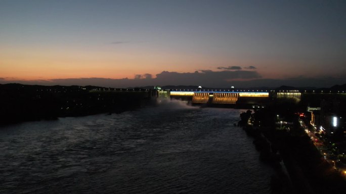 夜景航拍丹江口大坝南水北调晚霞汉江